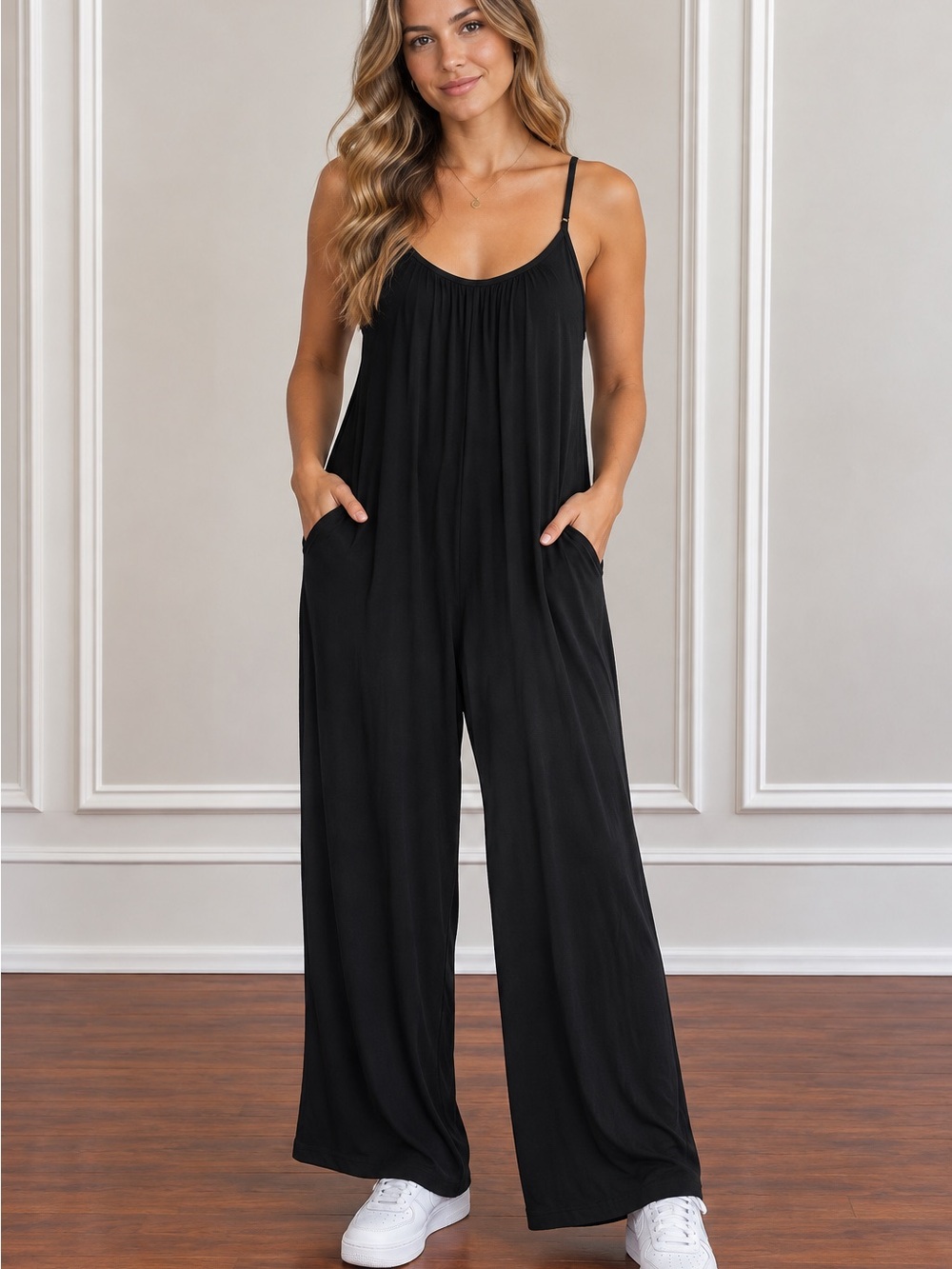 Black Spaghetti-Strap Wide-Leg Jumpsuit